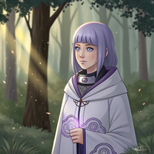 Digital art portrait of Hinata Hyuga from Naruto. Full color, detailed depiction. She stands in a forest clearing.