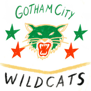 The official logo for the Gotham City Wildcats. Dark blue and gold colors dominate against a black background. Features a fierce cat head intertwined with stars and bold typography.