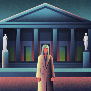 Mary Beard, historian, standing outside the British Museum. Wearing a beige blazer, with the iconic Greek and Roman sculptures in the background.