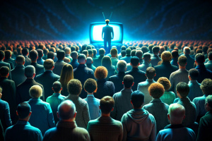 People crowd watching TV on dark background. TV addiction, propaganda and fake news concept. Created