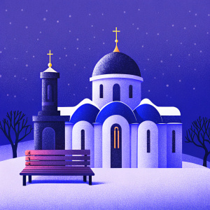 A serene winter scene of Kazan Cathedral in Maloyaroslavets, Russia. Snow blankets the ground, covering benches and the base of a statue. The cathedral's white facade and blue and gold domes stand out against the grey, overcast sky.
