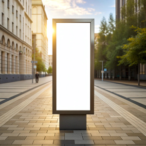 Mockup. Vertical advertising stand in the street. Blank white street billboard poster lightbox stand mock with urban city background