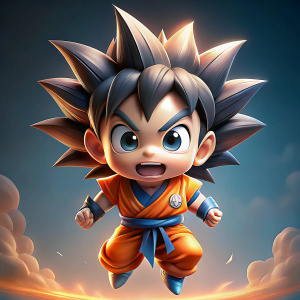 goku pequeño, volando, atacando, enojado, cabeza grande, grandes ojos