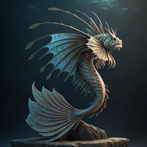 Digital illustration of a mermaid sculpture, inspired by the lionfish (Pterois volitans). The mermaid's tail flows gracefully, yet her form exudes a fierce, otherworldly vibe with sharp, angular features. Set against a dark, dramatic background to highlight the sculpture's intricate details.