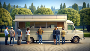 people ordering food at counter in food truck outdoor, day time