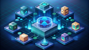 A diagram representing the key components of DeFi: smart contracts, liquidity pools, lending and borrowing, decentralized exchanges. A simple and understandable design.