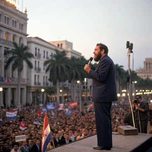 Fidel Castro, in a dark suit with a beard, addressing a crowd at a political rally in Havana.