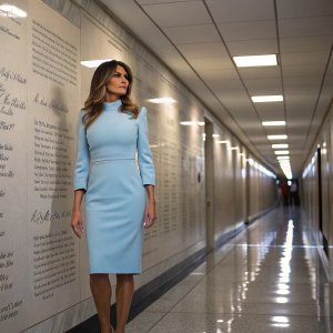 Melania Trump, dressed in a light blue sheath dress, standing in a hallway lined with writings. Professional setting, artificial lighting.