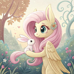 Digital illustration of Fluttershy from My Little Pony. Holding a cute bunny. Background has pastel colors and intricate details. Rendered in Adobe Illustrator.