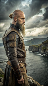 Ragnar Lothbrok, de pie en un acantilado, mirando al horizonte. Personaje: Pelo rapado a los costados, largo y ligeramente ondulado, barba tupida. Vestimenta: Túnica de cuero con detalles en metal. Entorno: Acantilado con vista al mar embravecido.