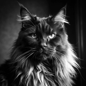 Большой Черный с элементами дымчатого цвета кот мейн-кун с вытянутой мордой и кисточками на ушах  