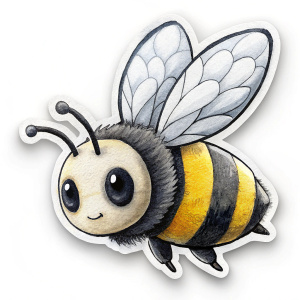 chibi Bee flying around in a black & white sticker style