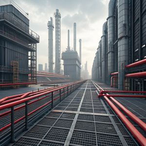 High-tech 3D visualization of an industrial zone, reminiscent of the dystopian universe in Wolfenstein II: The New Colossus. Dominant features include vast, metallic facades and grid-patterned decks with striking red pipelines.