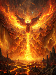 The fiery waves of the underworld crash against the walls, creating a symphony of destruction. The mysterious figure with wings of flame hovers above, their fiery wings casting an otherworldly glow on the chaotic scene below.