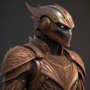 Digital illustration of a futuristic armor. Inspired by Satria Garuda Bima-X. Close-up view highlighting intricate brown patterns and detailed textures. Mix of organic and mechanical elements.