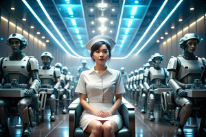 A beautiful nurse with short hair, wearing a Thai nurse's hat, was sitting together in a large conference room, on a stage with robots walking around. The atmosphere is like the future world. There is a lot of technology.