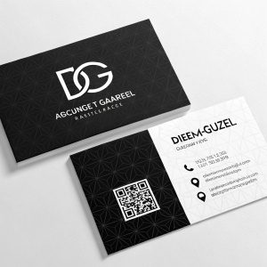 A sleek business card for architect Didem Güzel. Featuring a minimalist design with a stylized DG logo in white against a black backdrop. Includes QR code and contact details.