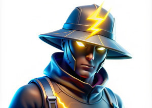 gorra con rayo Arte conceptual para videojuegos, estilo Fortnite. ISOLATED. . Full body, en fondo blanco