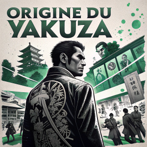 Graphic poster by Shohei Otomo. Eye-catching design. Yakuza theme. Black and white with accents of green. Title 'Origine du YAKUZA' in bold. Various images and text scattered across the poster, creating a dynamic collage.