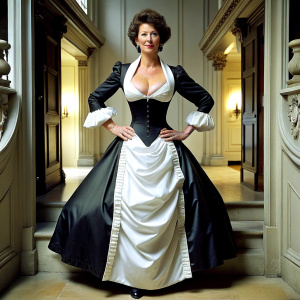 50 yo humiliated slim brunette in extremely tight Victorian french maid uniform in black satin with white apron.  Very slim corseted waist and big bosom spilling out. Long puff sleeves. Floor length wide skirt. Welcoming guests at the entrance hall in Carlton Towers. side view