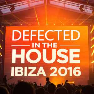 Bright poster for Defected In The House event at Ibiza 2016. Neon orange and white colors, bold text 'Defected In The House Ibiza 2016'