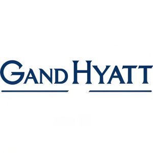 Grand Hyatt logo redesign. Modern, sleek sans-serif font in deep blue, against a crisp white background.