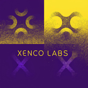Modern logo design for Xenco Labs featuring abstract 'X' symbols in vibrant blue and green tones. Company name in sleek, minimalist font.
