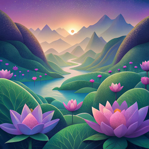 - A verdant valley dotted with blooming lotus flowers, their petals ranging from pale pink to deep magenta.