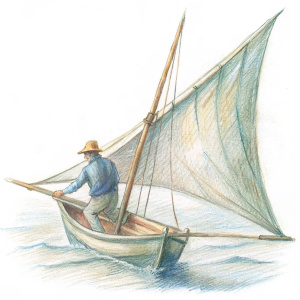 un hombre navegando en un barco de vela grande