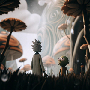 Rick Sanchez and a green alien, Arnold, in a vibrant, surreal landscape. Rick wears a lab coat, Arnold looks contemplative.