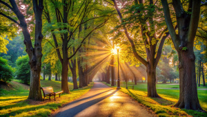 cozy park path, warm light, sun rays through the leaves of the trees