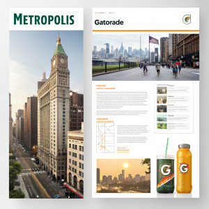 Document showcasing Metropolis font family applied on Gatorade's website. Flat design style. Text highlights font's role in visual identity and usage details.