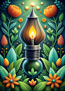 lamp bulb and spring flowers ukrainian national ethnic style, symmetrical composition