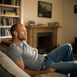 Jason Statham in a casual t-shirt and jeans, hanging out in a cozy living room. Bookshelf and fireplace visible in the background.
