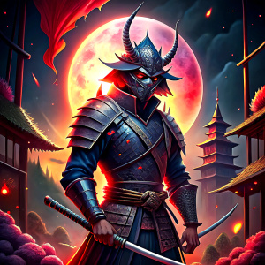 crear una imagen de un samurai haciendo reverencia con su espada en el suelo a su shogun. la armadura  lleva su nombre "JMZ73", superrealista full hd, 8k