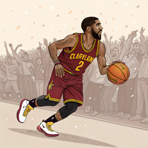 Kyrie Irving, in a comic-style illustration. Playing basketball. Cleveland Cavaliers jersey and shorts. Cartoon crowd cheering in background.