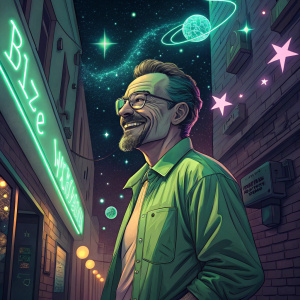 Cartoony Walter White, wearing a green shirt, standing in a neon-lit alley. Smiling, youthful appearance. Background has stars and planets
