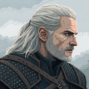 Pixelated artwork of Geralt of Rivia, a character from The Witcher series. Blocky design, grayscale color scheme, no background.