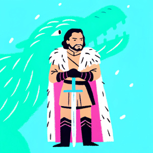 Kit Harington as Jon Snow, standing confidently with a bearded face and a stern look. Wearing a fur-lined tunic and cape. Standing in front of a giant, emerald-colored lizard in a blurred background.