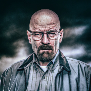 A lifelike portrait of Walter White, character from Breaking Bad. Dark, ominous background
