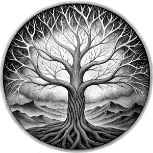 Nordic Mimir - Guard the Source of Tree Yggdrasilr high-definition design grey and black, realistic tattoo design, white background