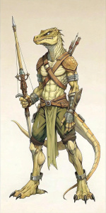 dnd lizardfolk, holding crossbow, magical arbalest in right hand, ranged weapon