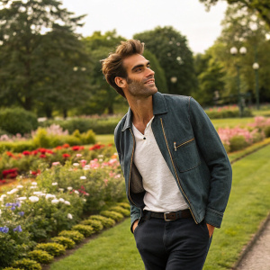 Jon Kortajarena, styled in a casual outfit, posing in a vibrant outdoor park setting.
