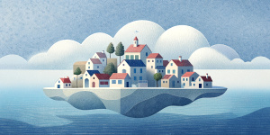 White illustration, Rene magritte style, isolated surrealistic collage of a lot of old American houses and trees on island, huge ocean and big sky, light pastel colors, asymmetrical composition, zoom out view, grainy texturing paper