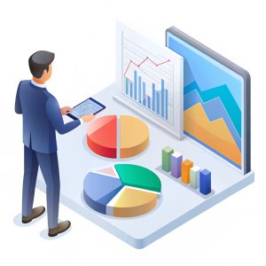 Graph pie chart isometric vector icon illustration male analyst doing financial analysis on a white background


