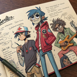 Hand-drawn illustration of Gorillaz characters, sketchbook page showcasing band history and details about their upcoming album release.