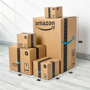 Visual size guide for Amazon Prime boxes. Showing various dimensions including length, width, and height. Each box labeled with production numbers. Brown cardboard with Amazon Prime logo.