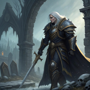 Arthas Menethil, from Warcraft, clad in dark armor with gold trim, wielding large sword. Standing in bleak, gothic ruins with crumbling stone archway behind. Solemn expression, long white hair flowing