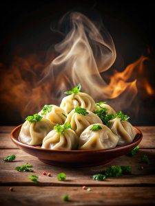 Create a hyper-realistic image of a plate of dumplings. The plate should be beautiful, with an exquisite layout. The dumplings look appetizing, with steam visible on them, emphasizing their freshness and hotness. The colors should be saturated to convey the taste and aroma of the dish. The background of the image should be neutral to emphasize the dumplings.