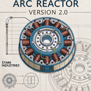 Detailed blueprint of Arc Reactor version 2.0. Created by Stark Industries. Shows complex internal mechanisms and wiring